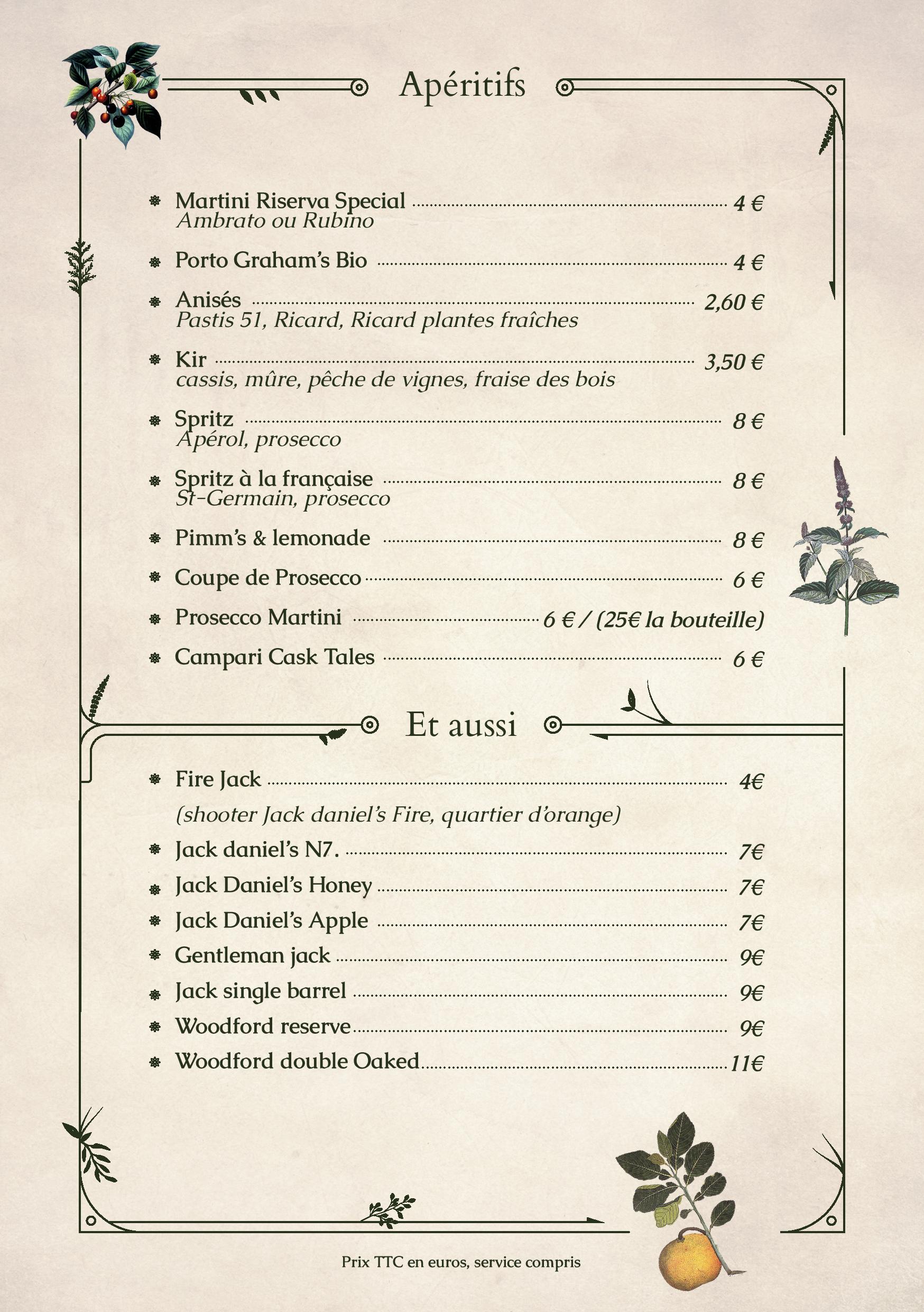 Carte The Botanist Pub